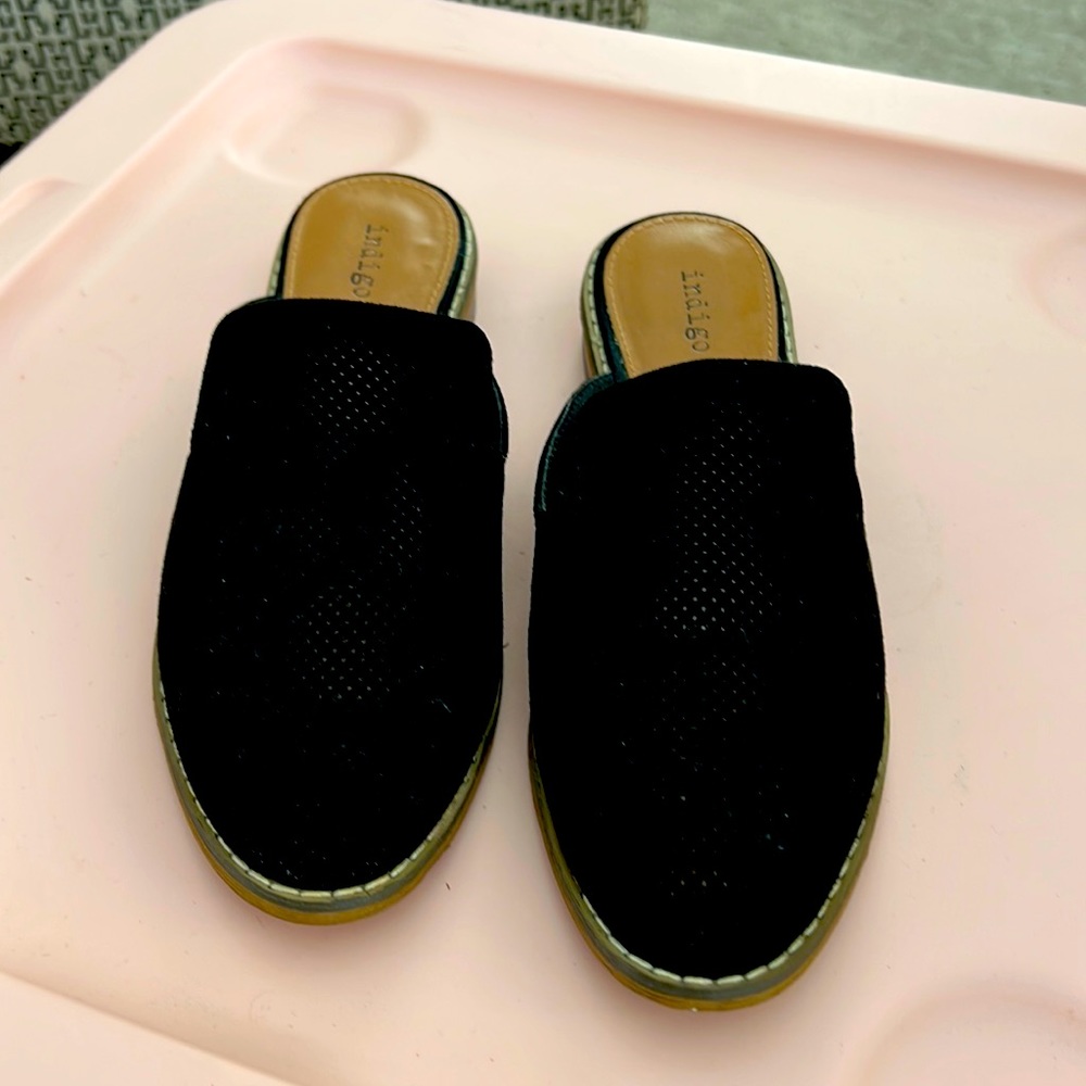 Indigo black suede mules